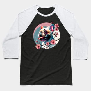 Joyful French Bulldog with Spring Cherry Blossoms Baseball T-Shirt